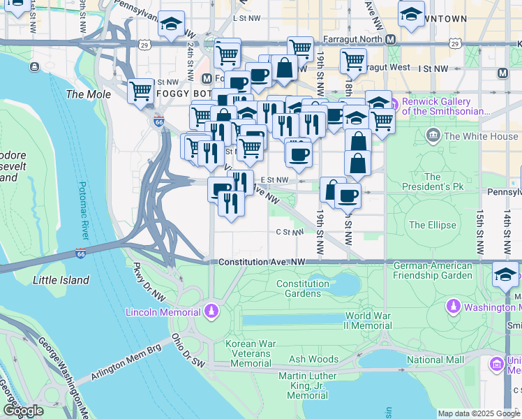 map of restaurants, bars, coffee shops, grocery stores, and more near 101 Independence Avenue Southeast in Washington