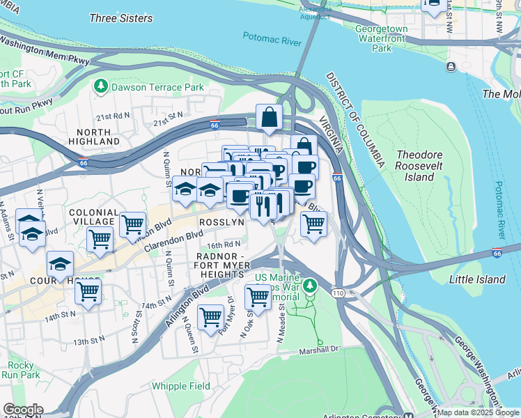 map of restaurants, bars, coffee shops, grocery stores, and more near in Arlington
