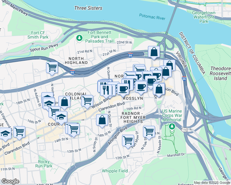 map of restaurants, bars, coffee shops, grocery stores, and more near 101 Independence Avenue Southeast in Washington