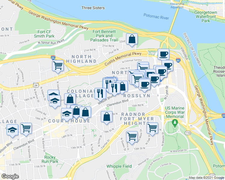 map of restaurants, bars, coffee shops, grocery stores, and more near 101 Independence Avenue Southeast in Washington