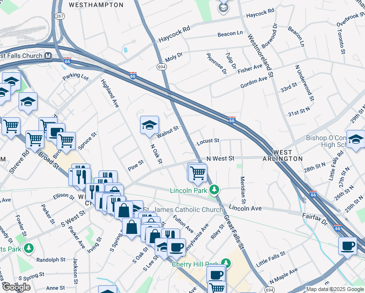 map of restaurants, bars, coffee shops, grocery stores, and more near 6729 Crest Place in Falls Church