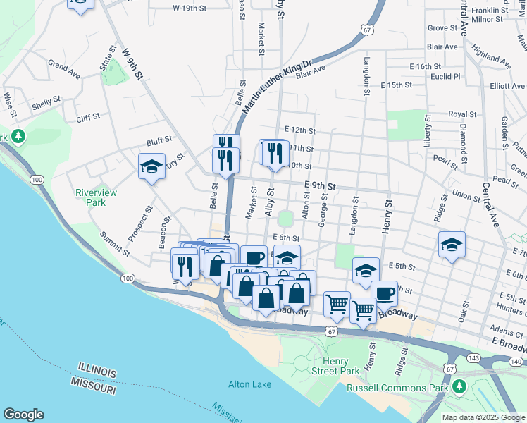 map of restaurants, bars, coffee shops, grocery stores, and more near 700 Market Street in Alton