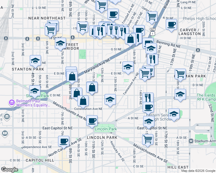 map of restaurants, bars, coffee shops, grocery stores, and more near 101 Independence Avenue Southeast in Washington