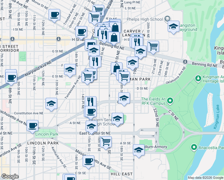 map of restaurants, bars, coffee shops, grocery stores, and more near 101 Independence Avenue Southeast in Washington