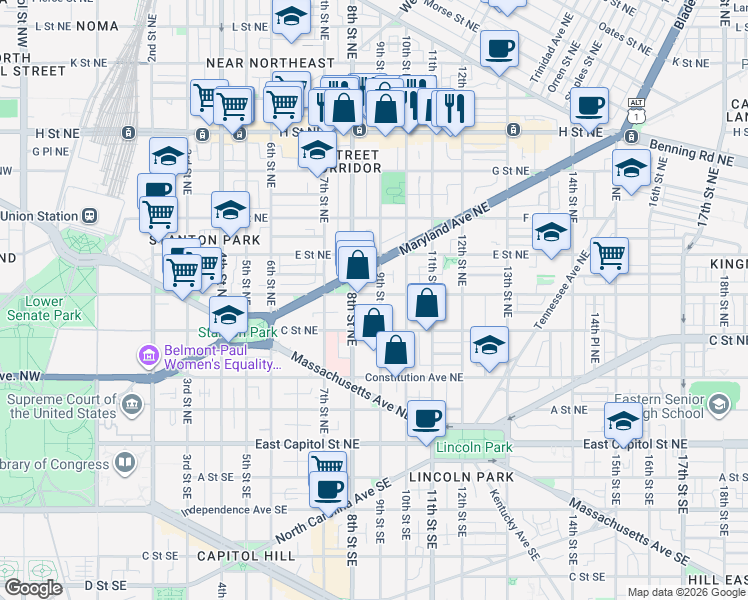 map of restaurants, bars, coffee shops, grocery stores, and more near 101 Independence Avenue Southeast in Washington