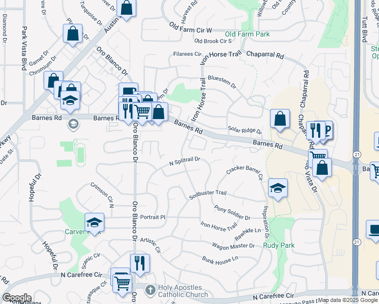 map of restaurants, bars, coffee shops, grocery stores, and more near 5014 Rainbow Harbour Circle in Colorado Springs