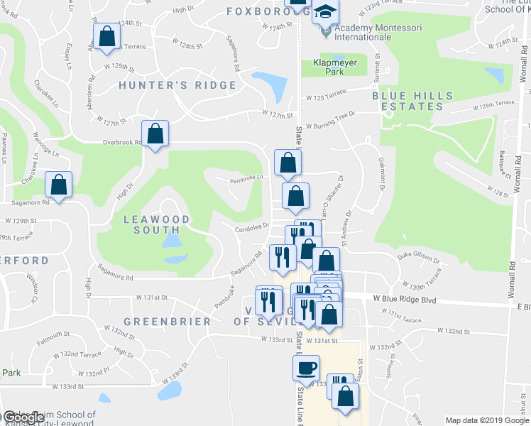 map of restaurants, bars, coffee shops, grocery stores, and more near 12784 Overbrook Road in Leawood