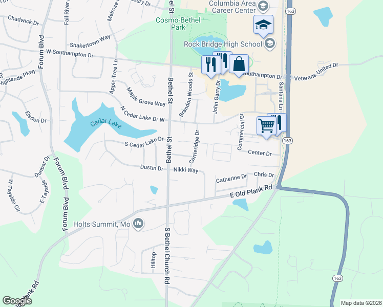 map of restaurants, bars, coffee shops, grocery stores, and more near 5015 Carrieridge Drive in Columbia