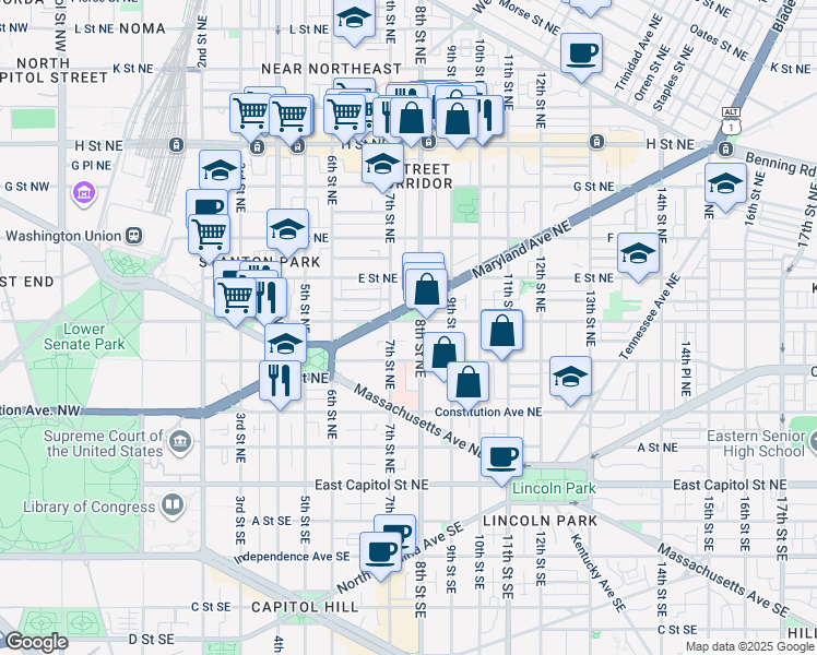 map of restaurants, bars, coffee shops, grocery stores, and more near 719 D Street Northeast in Washington