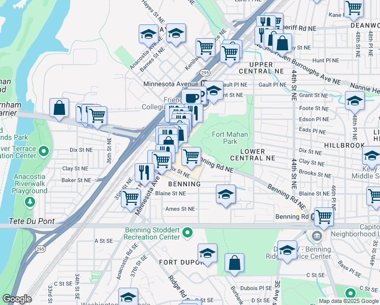 map of restaurants, bars, coffee shops, grocery stores, and more near 3935 Benning Road Northeast in Washington