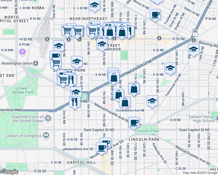 map of restaurants, bars, coffee shops, grocery stores, and more near 719 D Street Northeast in Washington