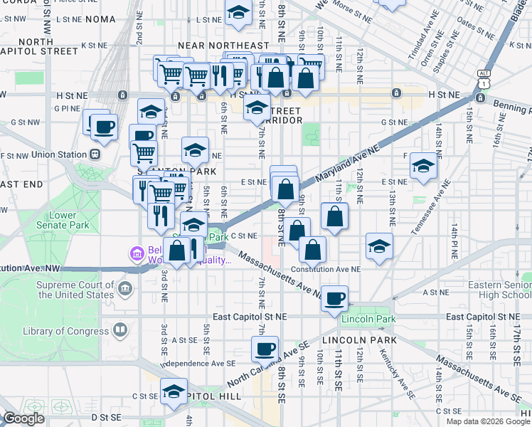 map of restaurants, bars, coffee shops, grocery stores, and more near 101 Independence Avenue Southeast in Washington