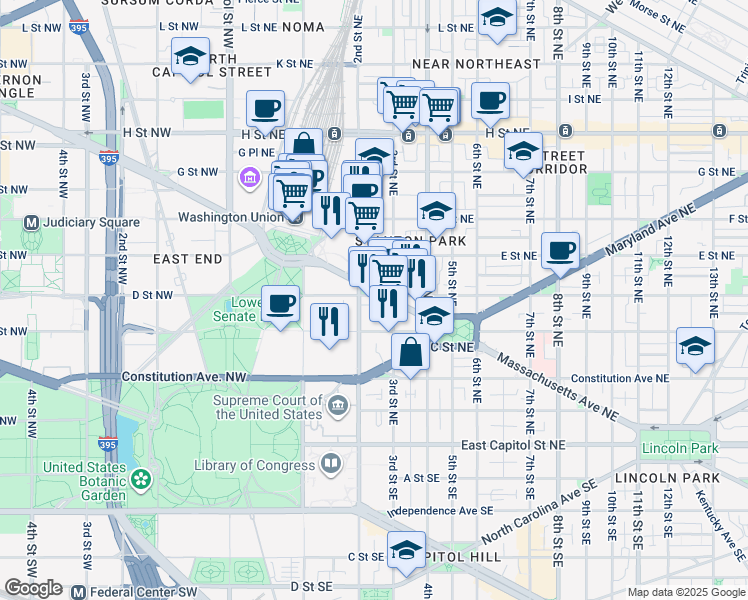map of restaurants, bars, coffee shops, grocery stores, and more near 201 Massachusetts Avenue Northeast in Washington