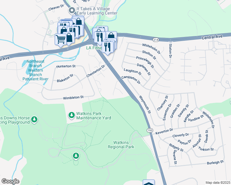 map of restaurants, bars, coffee shops, grocery stores, and more near 12507 Cambleton Drive in Upper Marlboro