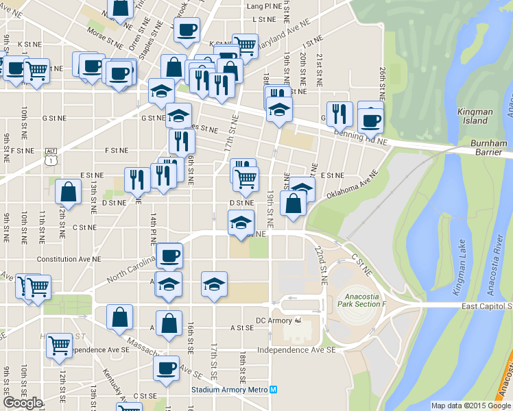 map of restaurants, bars, coffee shops, grocery stores, and more near 18th Place Northeast in Washington