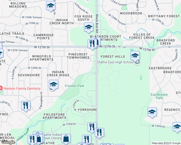 map of restaurants, bars, coffee shops, grocery stores, and more near 15804 Indian Creek Parkway in Olathe