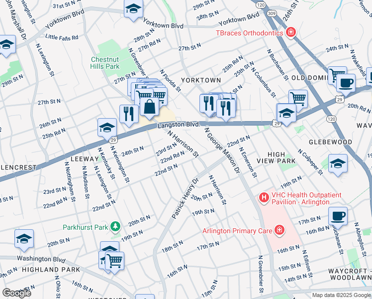map of restaurants, bars, coffee shops, grocery stores, and more near 2216 North Harrison Street in Arlington