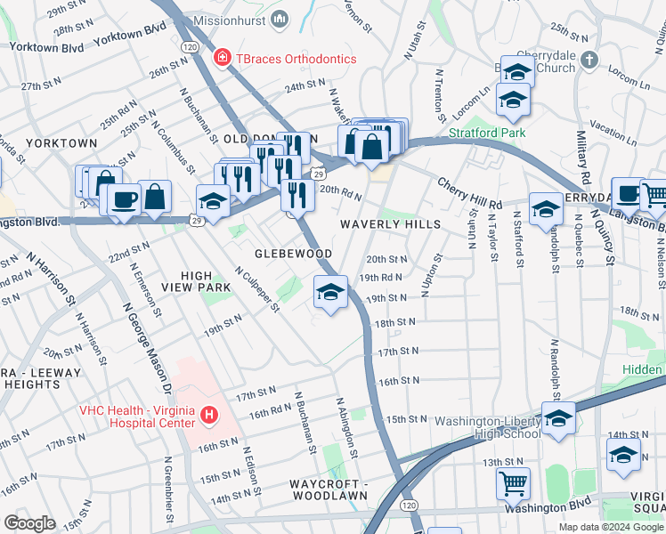 map of restaurants, bars, coffee shops, grocery stores, and more near 2005 North Glebe Road in Arlington