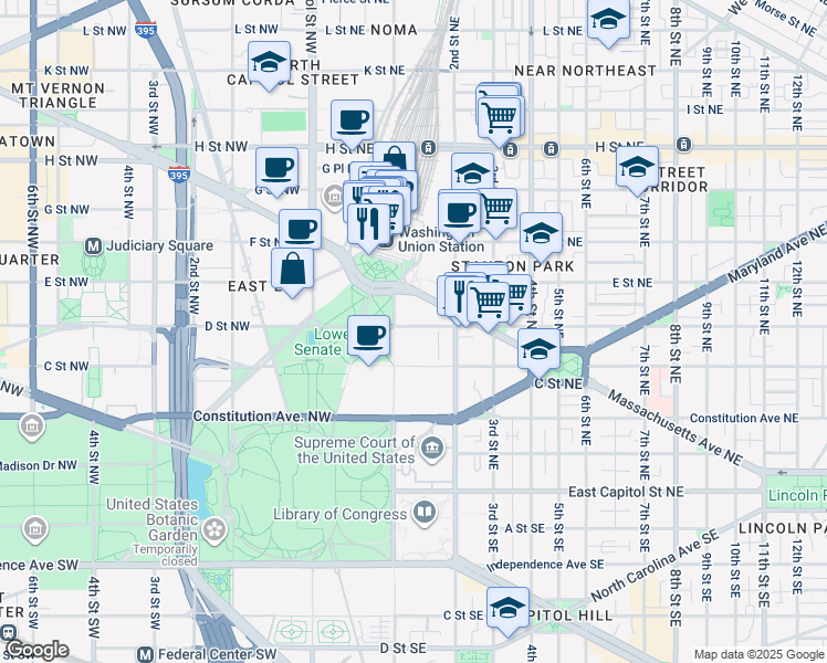 map of restaurants, bars, coffee shops, grocery stores, and more near 107 D Street Northeast in Washington