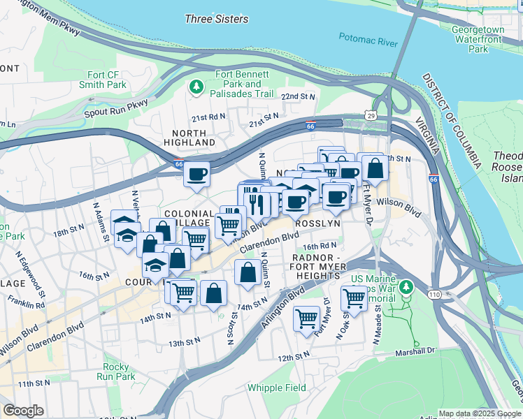 map of restaurants, bars, coffee shops, grocery stores, and more near 1726 North Quinn Street in Arlington