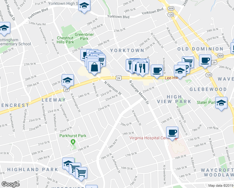 map of restaurants, bars, coffee shops, grocery stores, and more near 2216 North Harrison Street in Arlington