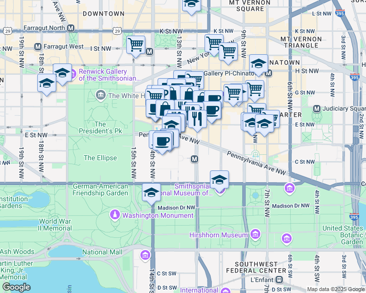 map of restaurants, bars, coffee shops, grocery stores, and more near 1200 Pennsylvania Avenue Northwest in Washington