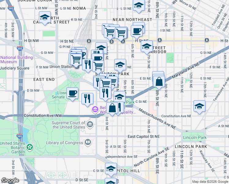 map of restaurants, bars, coffee shops, grocery stores, and more near 101 Independence Avenue Southeast in Washington