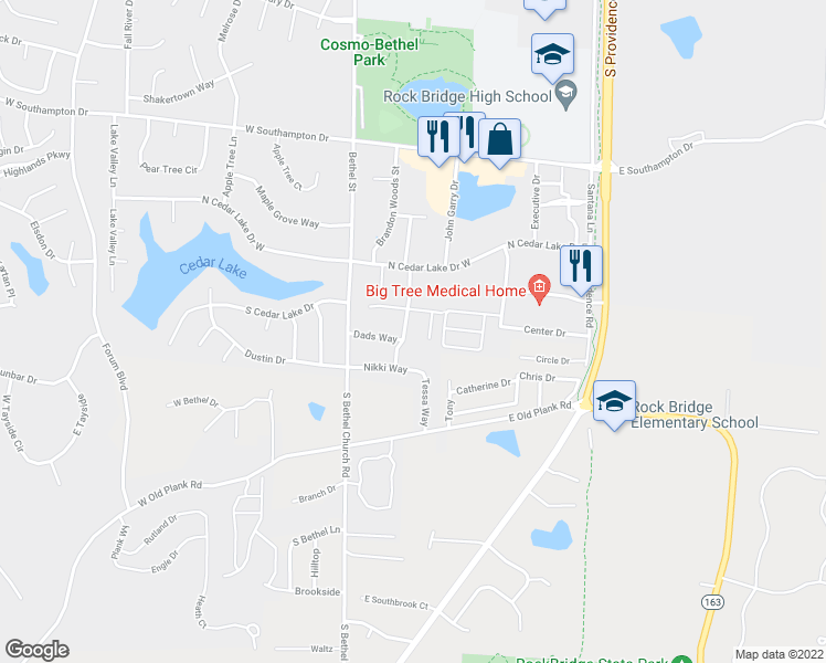 map of restaurants, bars, coffee shops, grocery stores, and more near 5012 Carrieridge Drive in Columbia