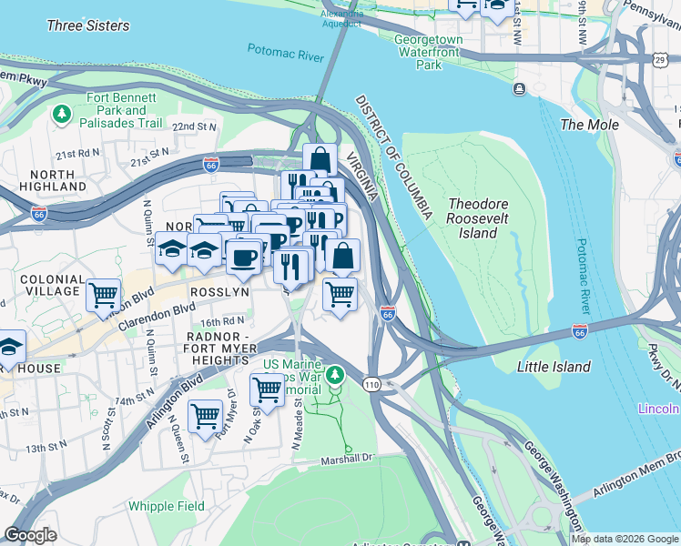 map of restaurants, bars, coffee shops, grocery stores, and more near Wilson Blvd & N Kent St in Arlington