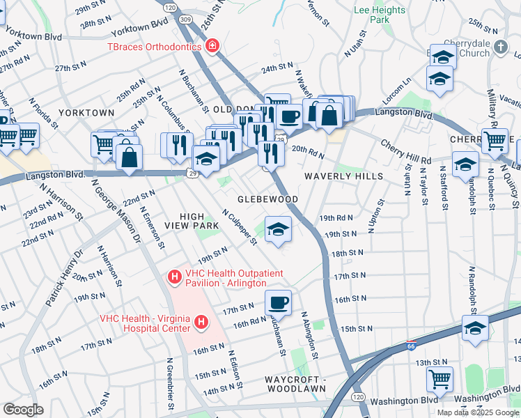 map of restaurants, bars, coffee shops, grocery stores, and more near 4801 20th Place North in Arlington