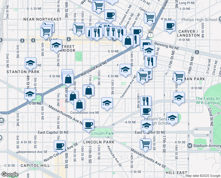 map of restaurants, bars, coffee shops, grocery stores, and more near 101 Independence Avenue Southeast in Washington