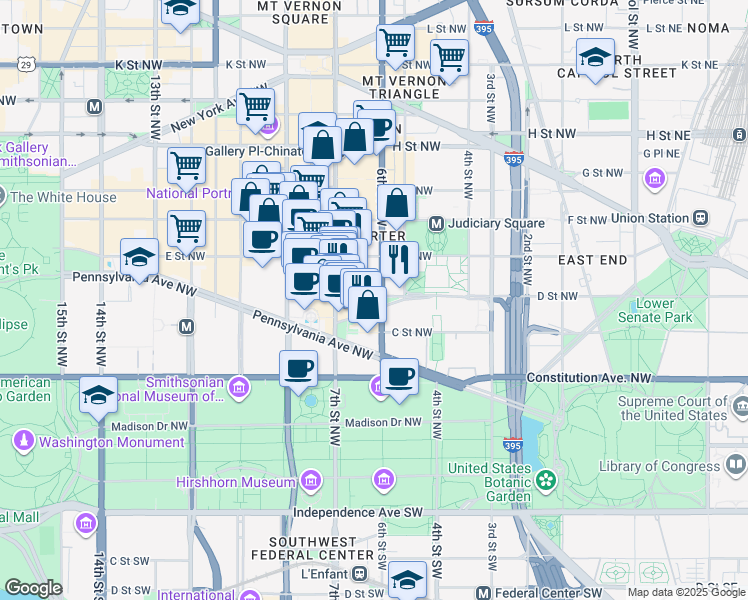 map of restaurants, bars, coffee shops, grocery stores, and more near 601 Indiana Avenue Northwest in Washington