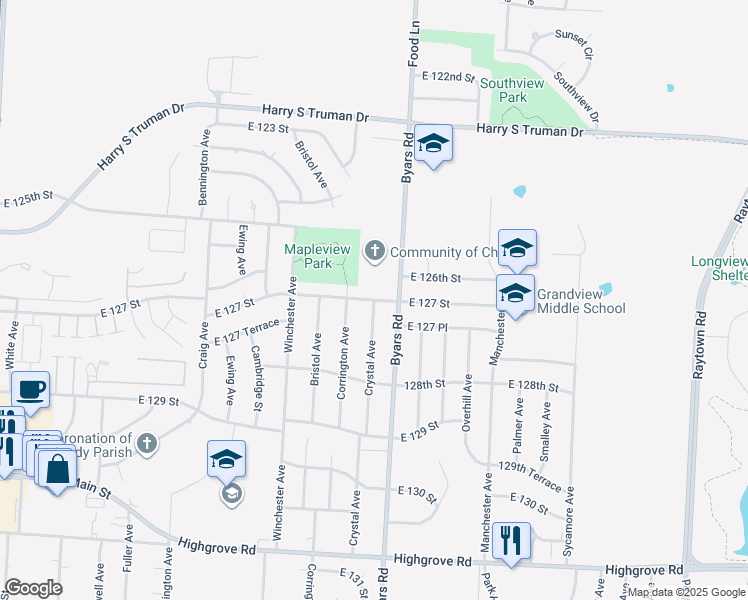 map of restaurants, bars, coffee shops, grocery stores, and more near 7300 East 127 Street in Grandview