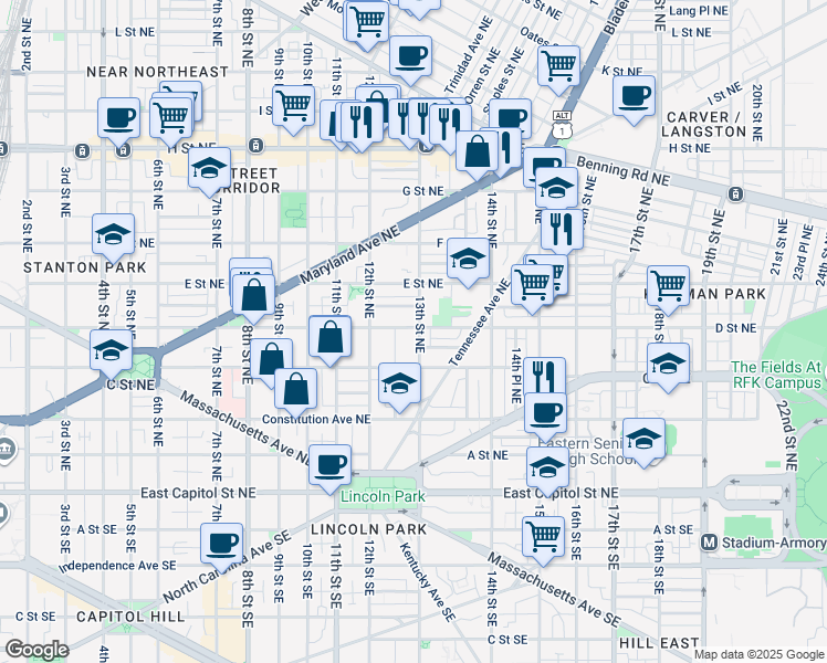 map of restaurants, bars, coffee shops, grocery stores, and more near 1245 D Street Northeast in Washington