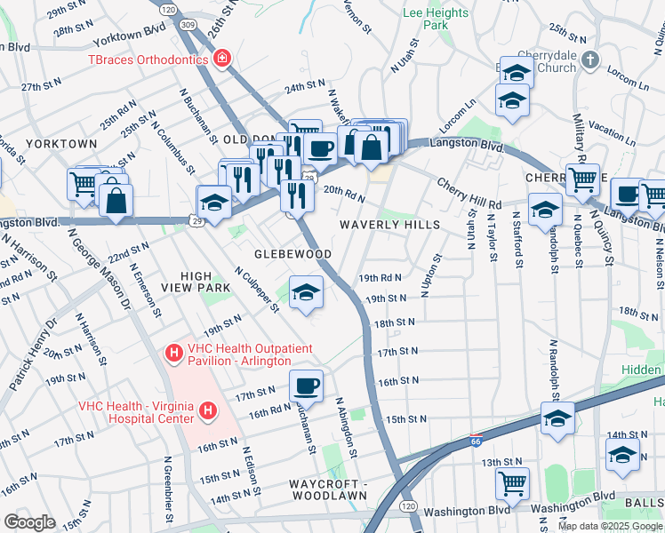 map of restaurants, bars, coffee shops, grocery stores, and more near 2005 North Glebe Road in Arlington