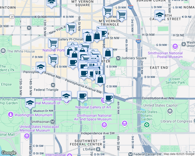 map of restaurants, bars, coffee shops, grocery stores, and more near 625 Indiana Avenue Northwest in Washington