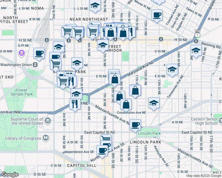 map of restaurants, bars, coffee shops, grocery stores, and more near 101 Independence Avenue Southeast in Washington