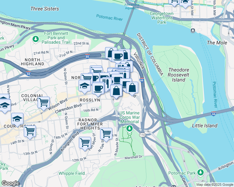map of restaurants, bars, coffee shops, grocery stores, and more near 1200 Wilson Boulevard in Arlington