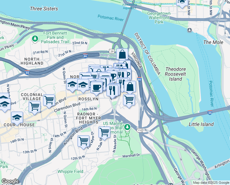 map of restaurants, bars, coffee shops, grocery stores, and more near 1200 Wilson Boulevard in Arlington