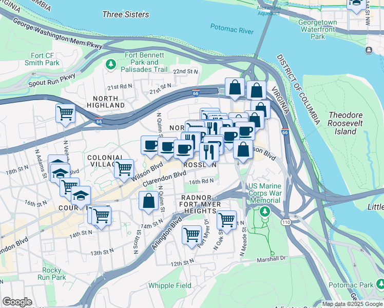 map of restaurants, bars, coffee shops, grocery stores, and more near 1559 Wilson Boulevard in Arlington