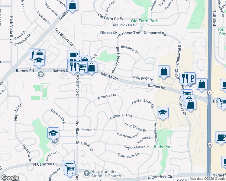 map of restaurants, bars, coffee shops, grocery stores, and more near 5041 Rainbow Harbour Circle in Colorado Springs