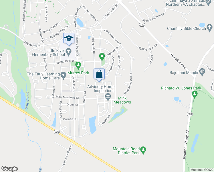map of restaurants, bars, coffee shops, grocery stores, and more near 43739 Scarlet Square in Chantilly