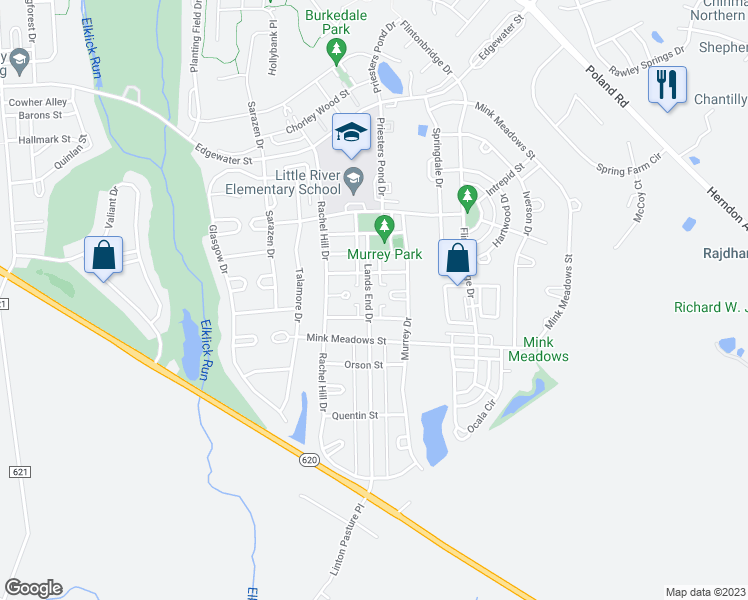 map of restaurants, bars, coffee shops, grocery stores, and more near 26124 Lands End Drive in Chantilly