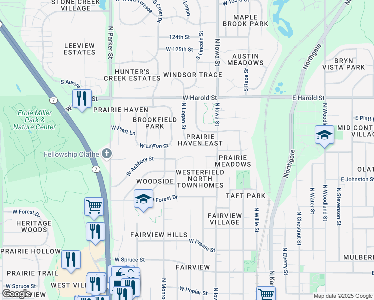 map of restaurants, bars, coffee shops, grocery stores, and more near 1035 North Logan Street in Olathe