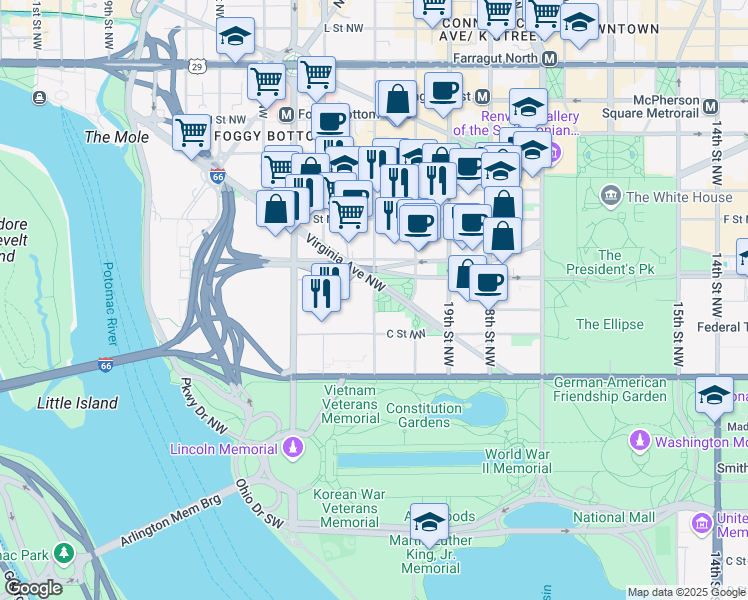 map of restaurants, bars, coffee shops, grocery stores, and more near 21st Street Northwest in Washington