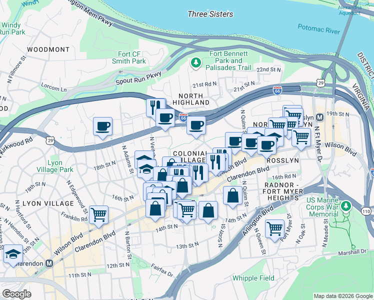 map of restaurants, bars, coffee shops, grocery stores, and more near 1909 Key Boulevard in Arlington