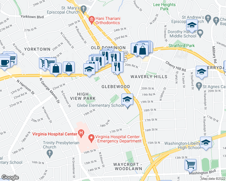 map of restaurants, bars, coffee shops, grocery stores, and more near 4801 20th Place North in Arlington
