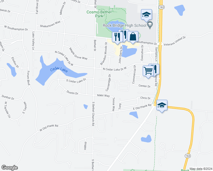 map of restaurants, bars, coffee shops, grocery stores, and more near 5013 Carrieridge Drive in Columbia