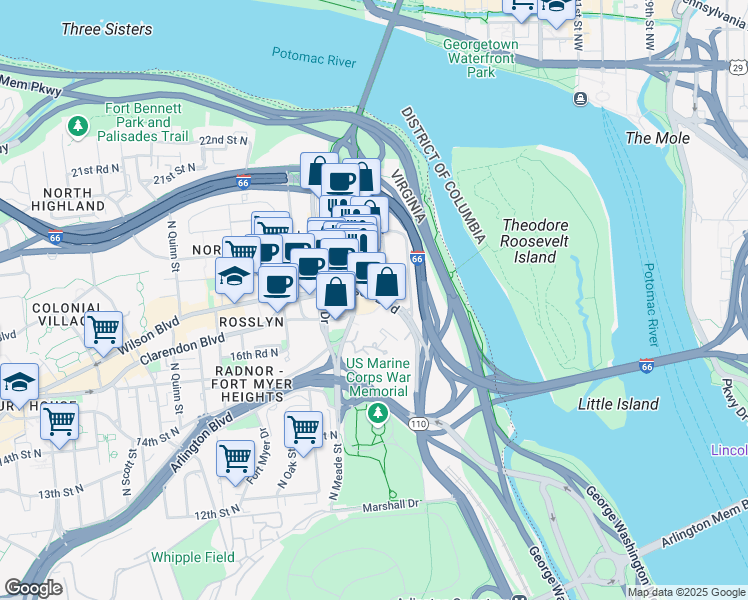 map of restaurants, bars, coffee shops, grocery stores, and more near 101 Independence Avenue Southeast in Washington