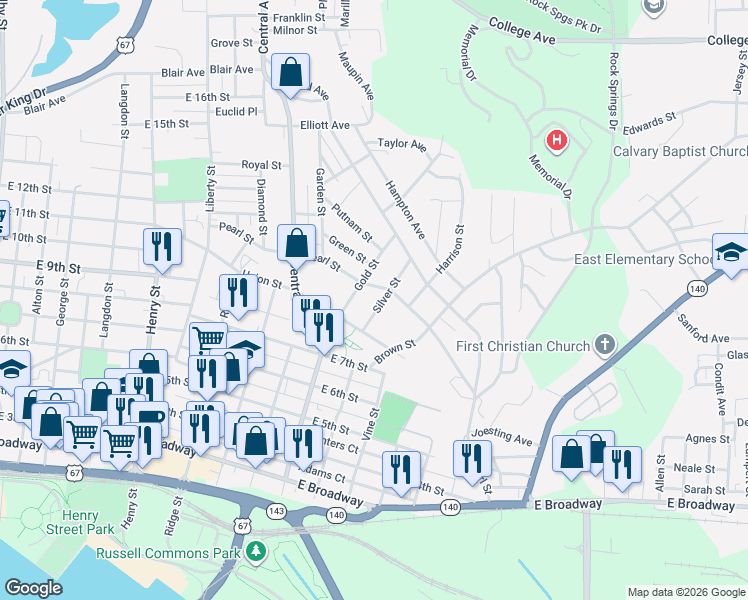 map of restaurants, bars, coffee shops, grocery stores, and more near 1227 Pearl Street in Alton